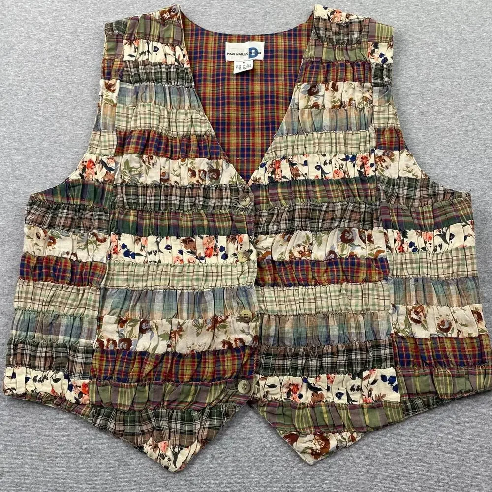 VTG Paul Harris Patchwork Vest Womens M Floral Plaid Cottagecore Fairy Grunge
